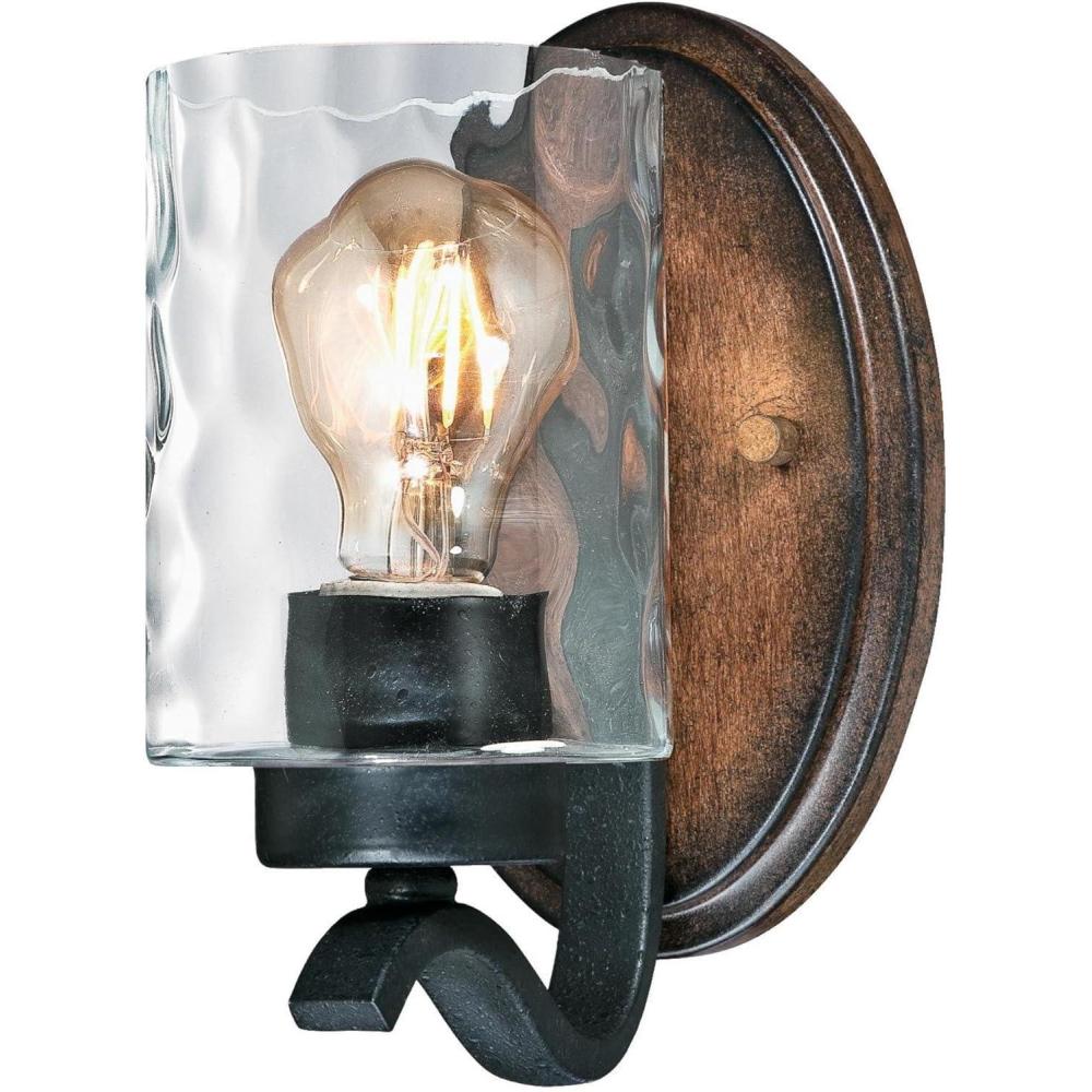 image:image6331600 Barnwell OneLight Indoor Wall Fixture Textured Iron and Barnwood Finish with Clear Hammered Glass