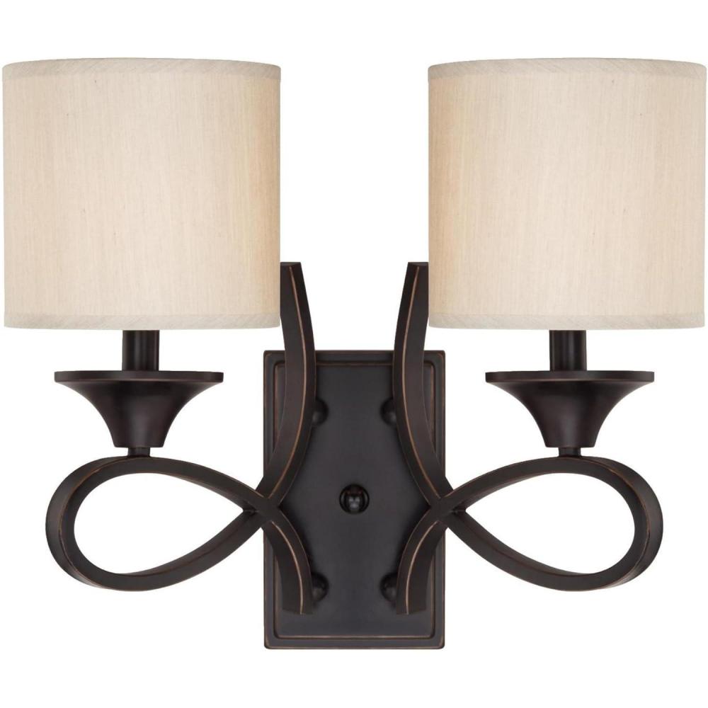 image:imageWestinghouse 6302700 Lenola TwoLight Indoor Wall Fixture Amber Bronze Finish with Beige Fabric Shades2Light Wall Fixture