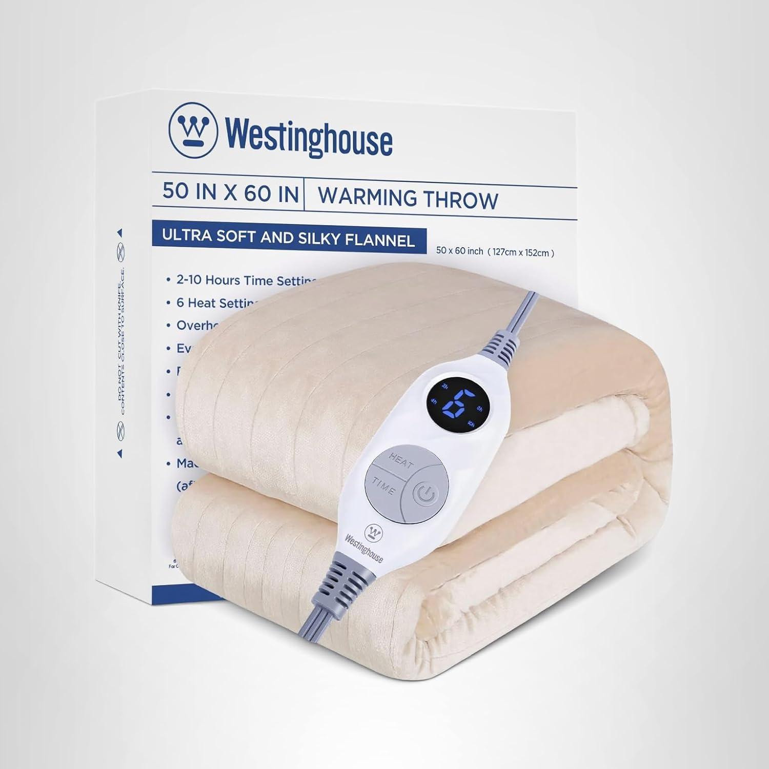 image:imageWestinghouse Electric Blanket Heated Throw Super Cozy Soft Flannel 50 x 60 Heated Throw with 6 Fast Heating Levels amp 210 AutoOff Machine Washable ETLampFCC Certification Home Office Use GreyBeige