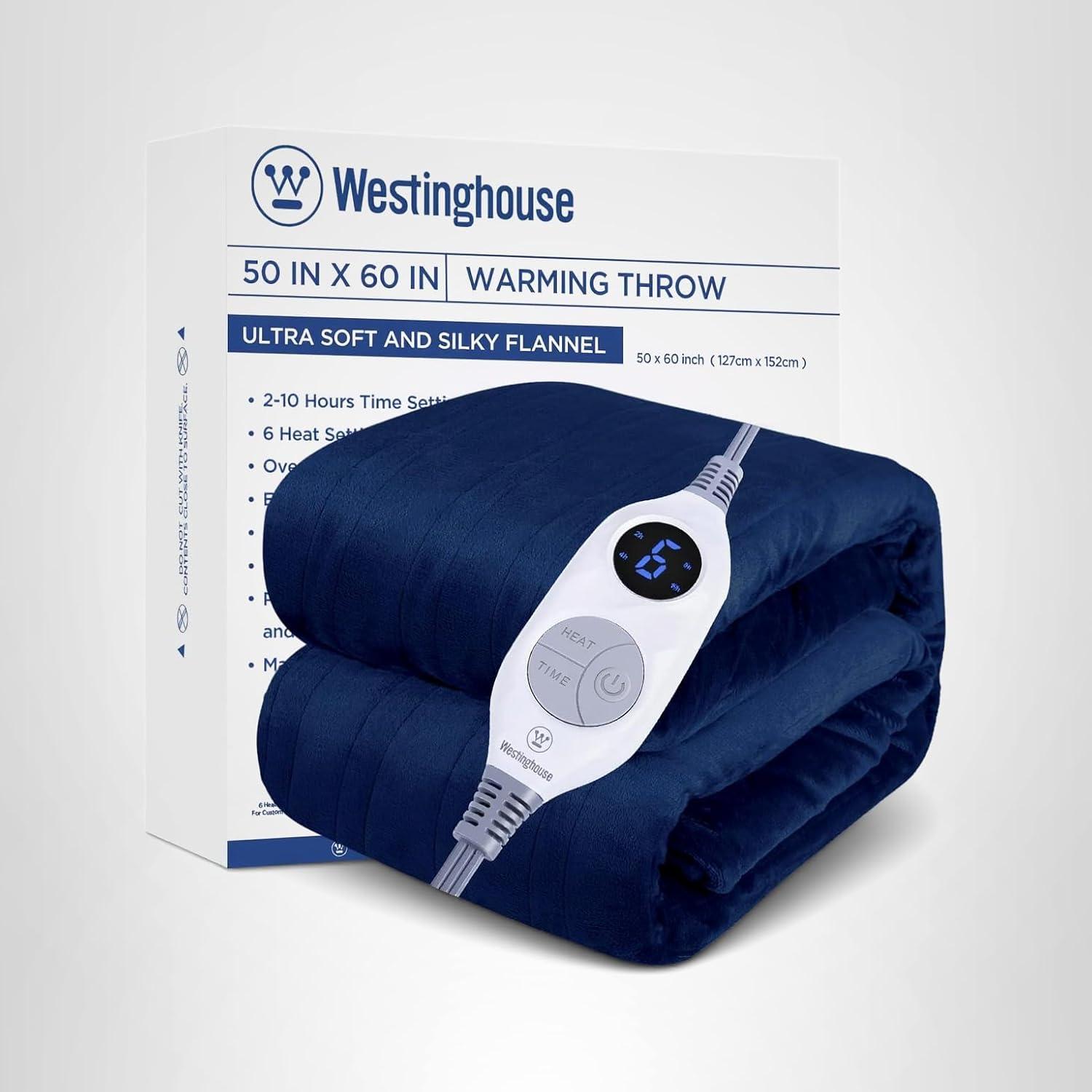 image:imageWestinghouse Electric Blanket Heated Throw Super Cozy Soft Flannel 50 x 60 Heated Throw with 6 Fast Heating Levels amp 210 AutoOff Machine Washable ETLampFCC Certification Home Office Use GreyNavy Blue
