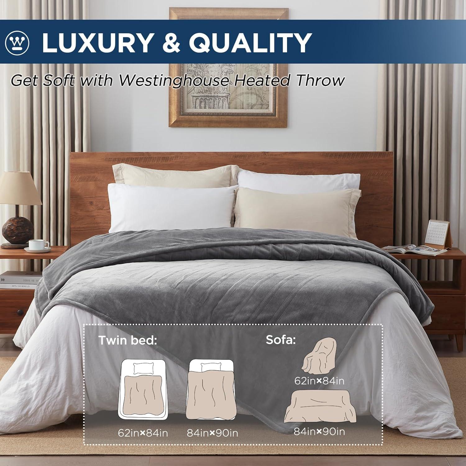 image:imageWestinghouse Electric Blanket Heated Throw Super Cozy Soft Flannel 50 x 60 Heated Throw with 6 Fast Heating Levels amp 210 AutoOff Machine Washable ETLampFCC Certification Home Office Use GreyLight Grey