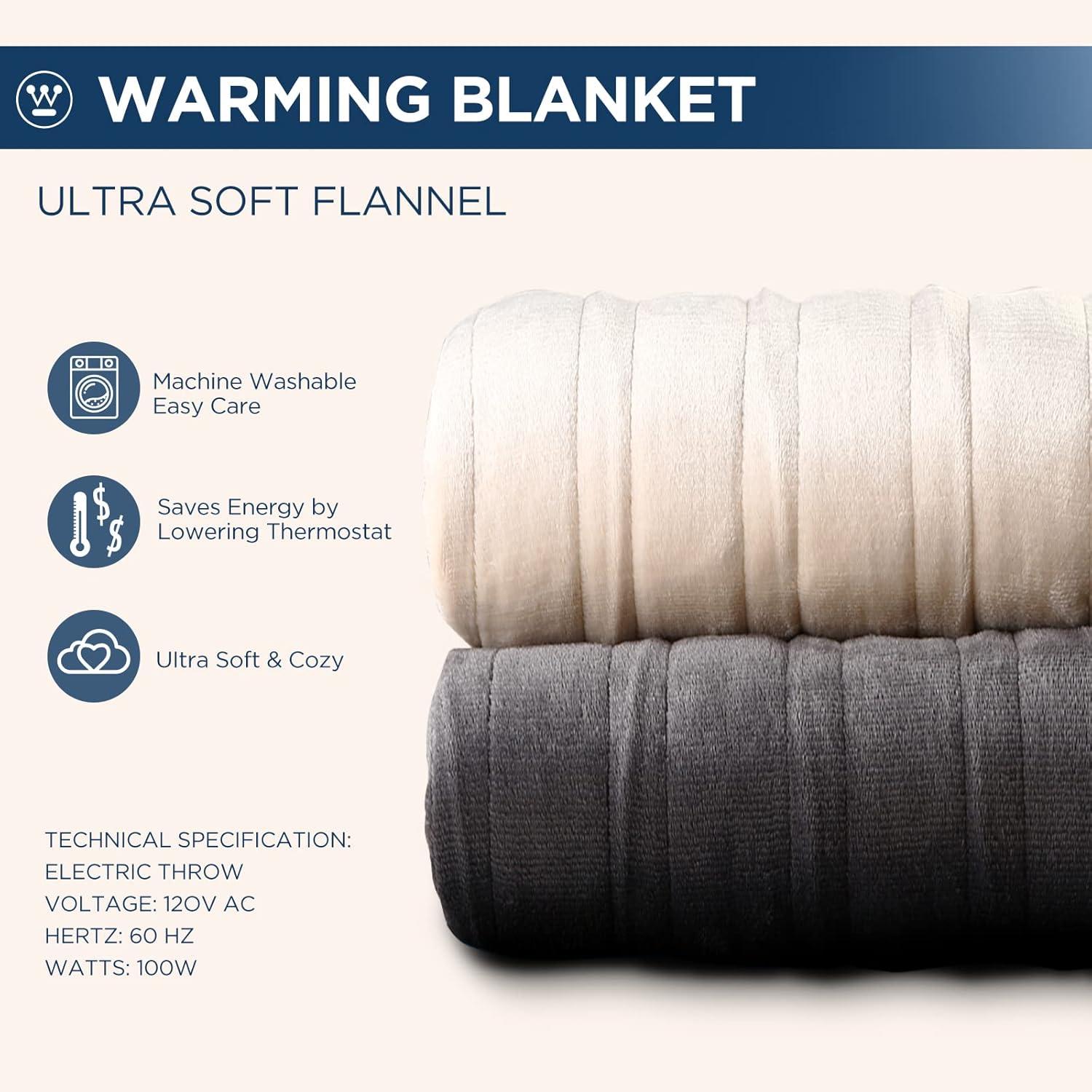 image:imageWestinghouse Electric Blanket Heated Throw Super Cozy Soft Flannel 50 x 60 Heated Throw with 6 Fast Heating Levels amp 210 AutoOff Machine Washable ETLampFCC Certification Home Office Use GreyCharcoal