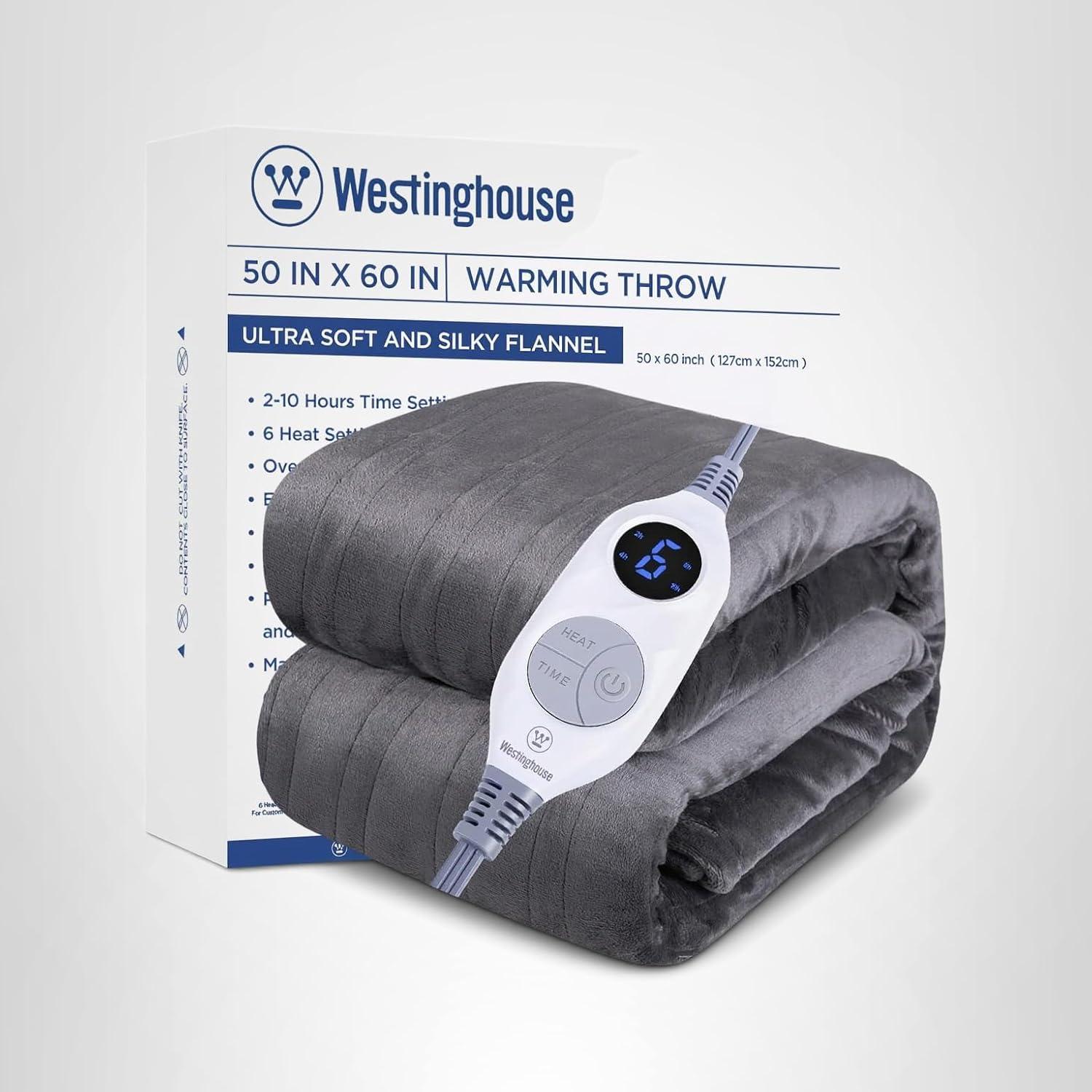 image:imageWestinghouse Electric Blanket Heated Throw Super Cozy Soft Flannel 50 x 60 Heated Throw with 6 Fast Heating Levels amp 210 AutoOff Machine Washable ETLampFCC Certification Home Office Use GreyCharcoal