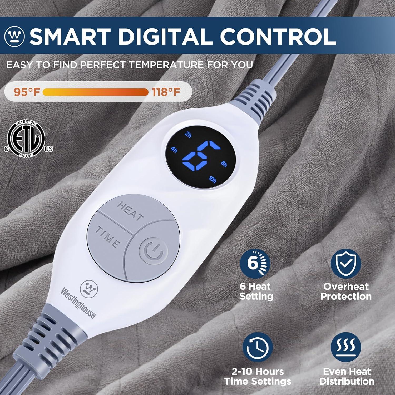 image:imageWestinghouse Electric Blanket Heated Throw Super Cozy Soft Flannel 50 x 60 Heated Throw with 6 Fast Heating Levels amp 210 AutoOff Machine Washable ETLampFCC Certification Home Office Use GreyLight Grey