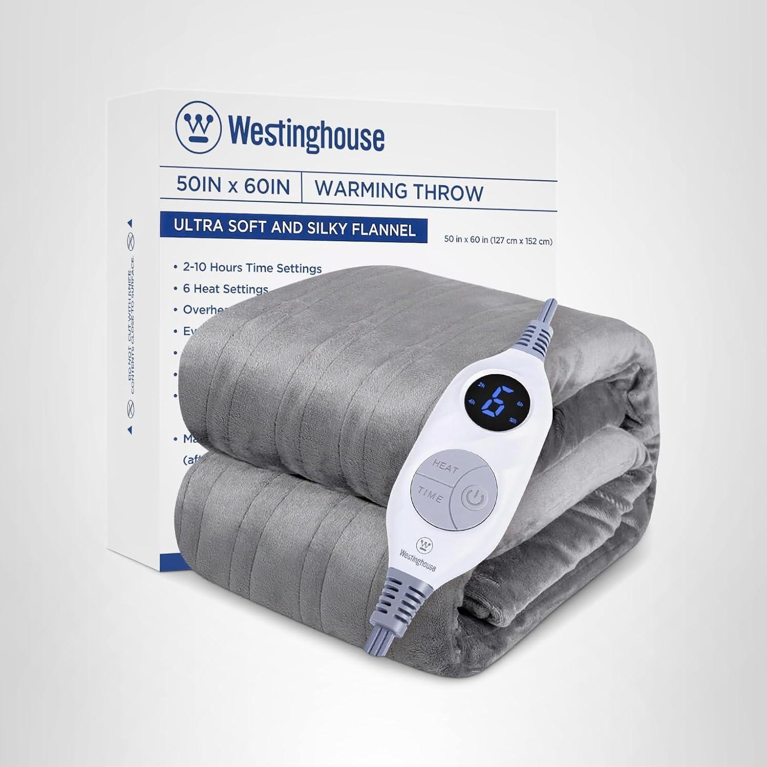 image:imageWestinghouse Electric Blanket Heated Throw Super Cozy Soft Flannel 50 x 60 Heated Throw with 6 Fast Heating Levels amp 210 AutoOff Machine Washable ETLampFCC Certification Home Office Use GreyLight Grey