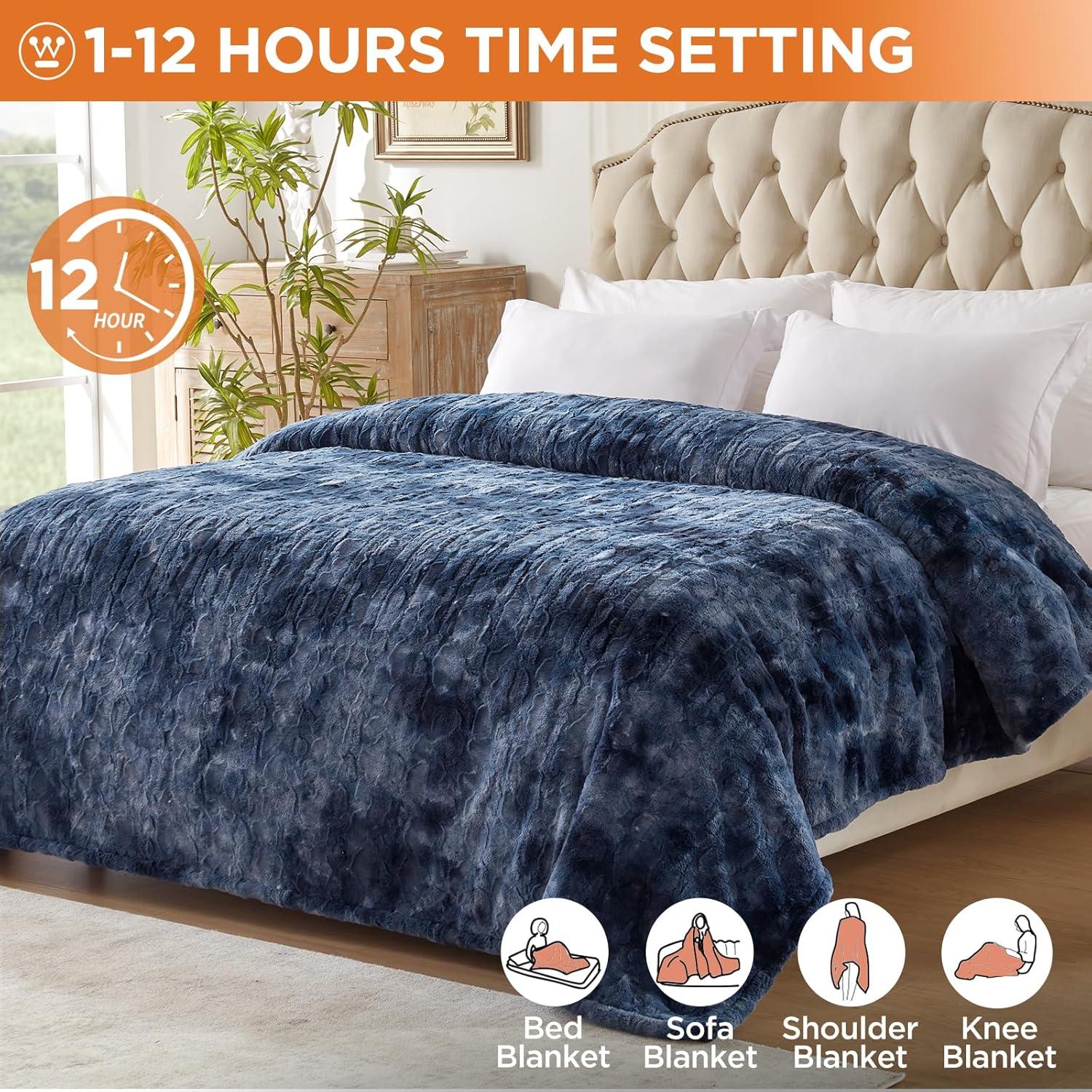 image:imageWestinghouse Electric Blanket Queen Faux Fur Heated Blanket with 10 Heating Levels amp 112 Hours Auto Off Soft Cozy Sherpa Heated Blanket Washable Blanket 84 x 90 Queen Size GreyIndigo
