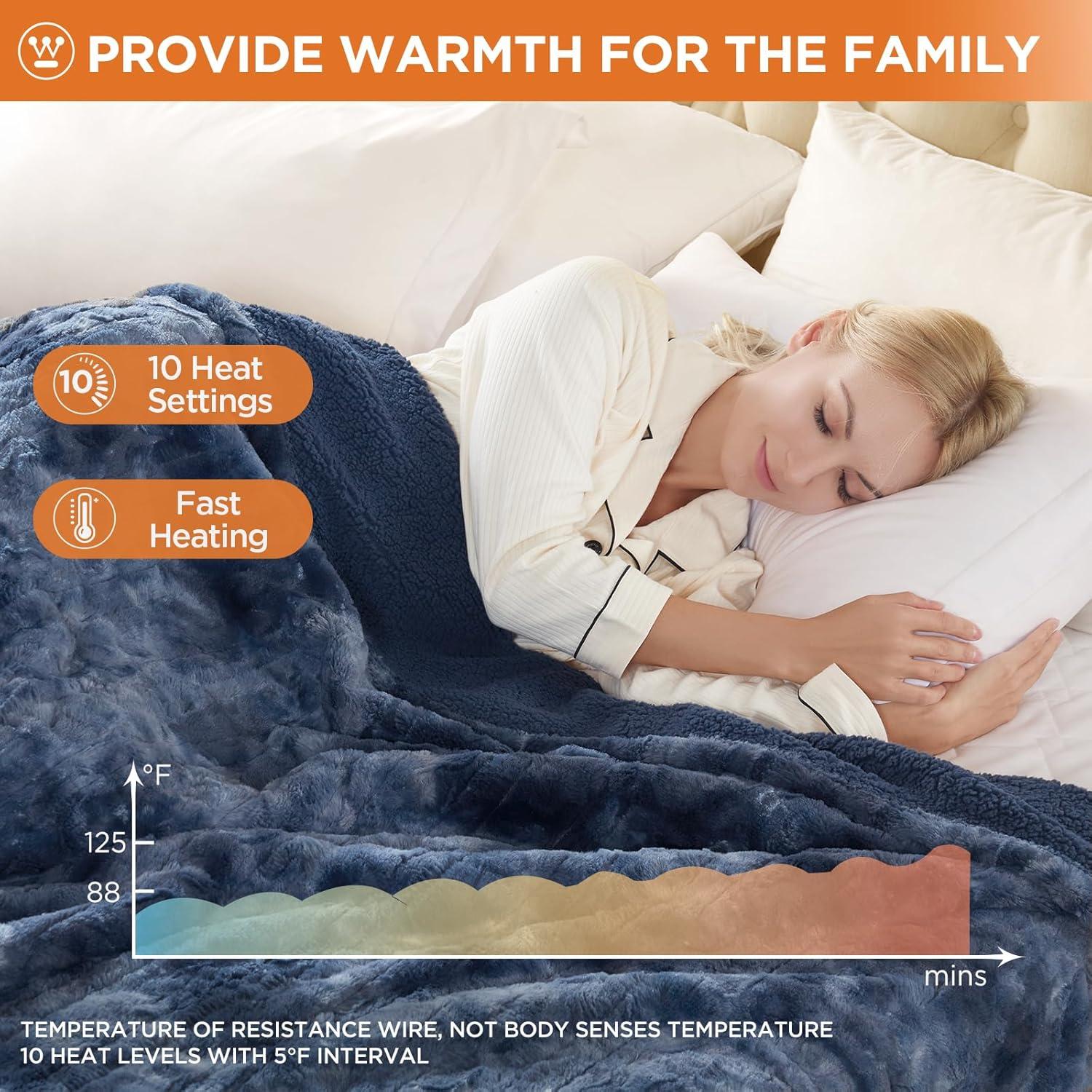 image:imageWestinghouse Electric Blanket Queen Faux Fur Heated Blanket with 10 Heating Levels amp 112 Hours Auto Off Soft Cozy Sherpa Heated Blanket Washable Blanket 84 x 90 Queen Size GreyIndigo