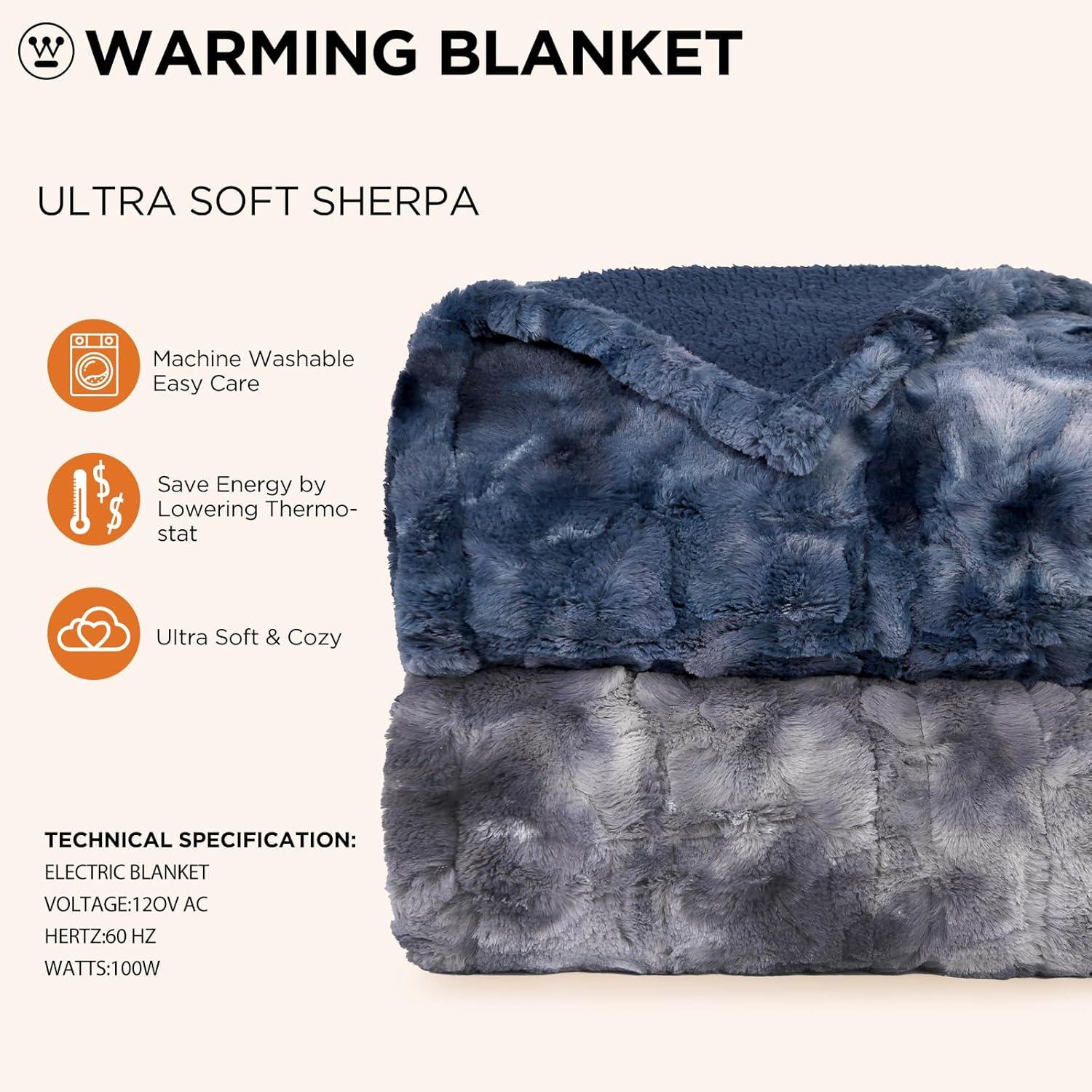 image:imageWestinghouse Electric Blanket Queen Faux Fur Heated Blanket with 10 Heating Levels amp 112 Hours Auto Off Soft Cozy Sherpa Heated Blanket Washable Blanket 84 x 90 Queen Size GreyIndigo