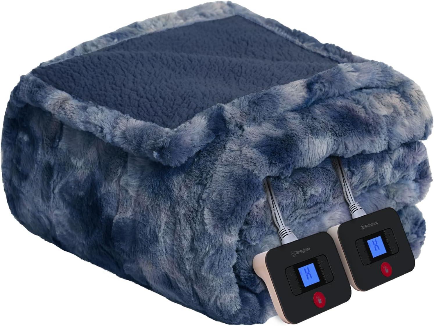image:imageWestinghouse Electric Blanket Queen Faux Fur Heated Blanket with 10 Heating Levels amp 112 Hours Auto Off Soft Cozy Sherpa Heated Blanket Washable Blanket 84 x 90 Queen Size GreyIndigo