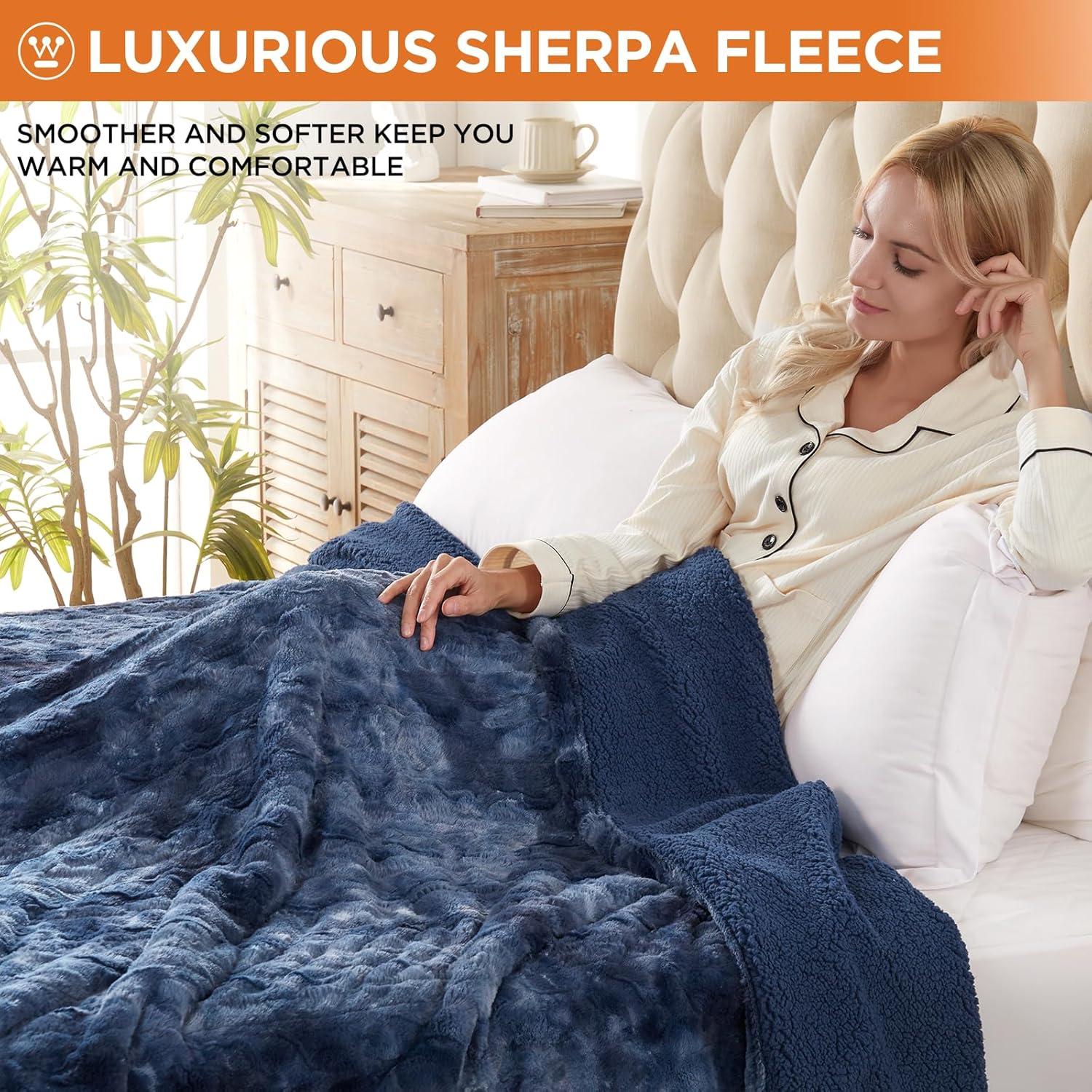 image:imageWestinghouse Electric Blanket Queen Faux Fur Heated Blanket with 10 Heating Levels amp 112 Hours Auto Off Soft Cozy Sherpa Heated Blanket Washable Blanket 84 x 90 Queen Size GreyIndigo