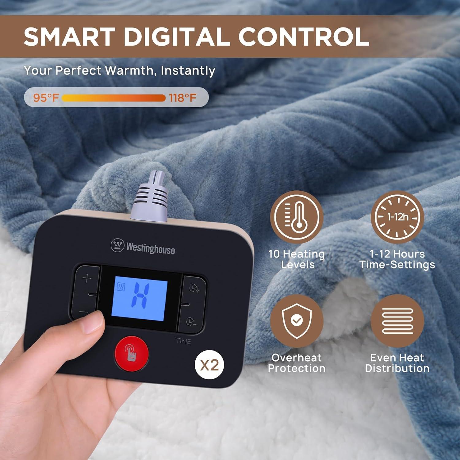 image:imageWestinghouse Electric Throw Heated Throw Blanket Soft Flannel amp Sherpa Heating Blanket with 6 Heating Levels 210 Hours AutoOff Fast Heating amp Overheat Protection Machine Washable Red 50x60 InchesBlue