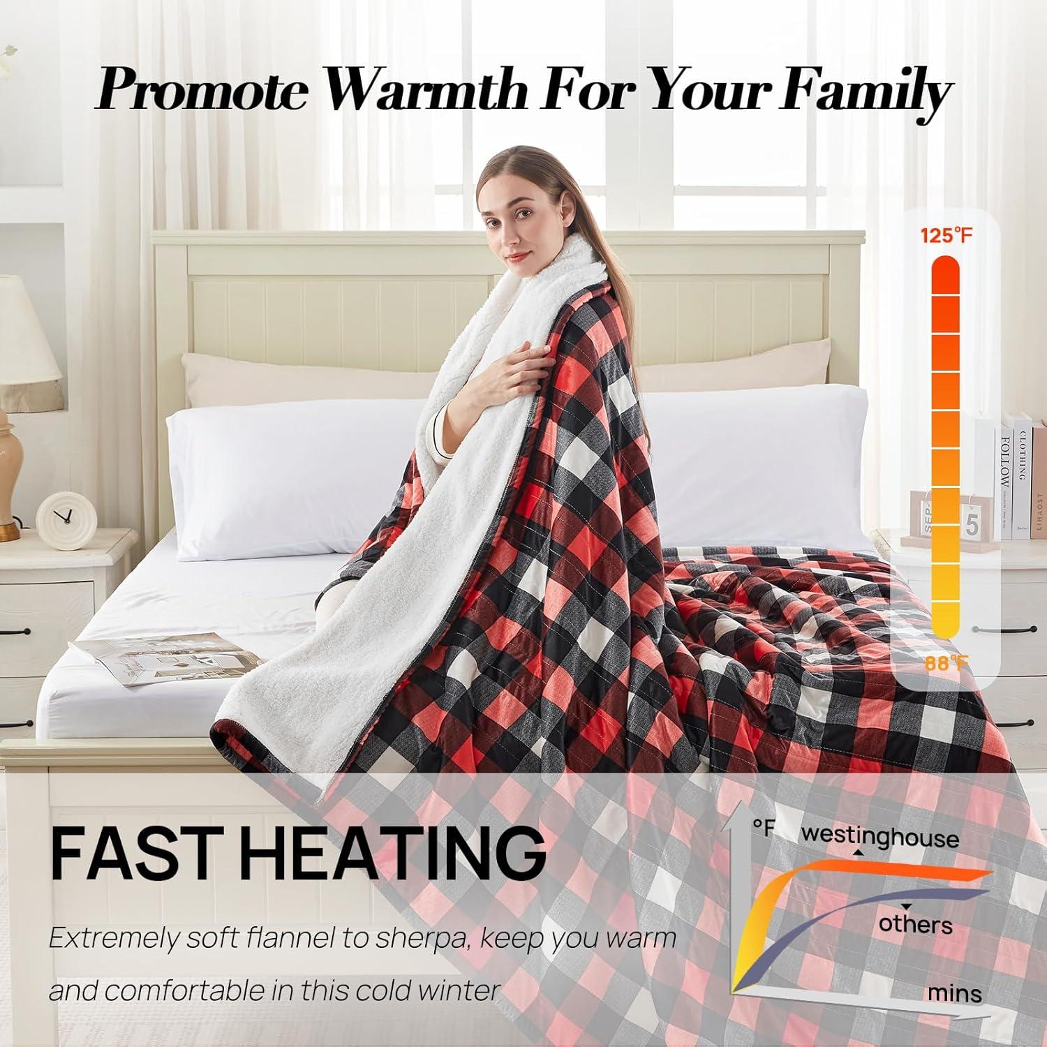 image:imageWestinghouse Electric Throw Heated Throw Blanket Soft Flannel amp Sherpa Heating Blanket with 6 Heating Levels 210 Hours AutoOff Fast Heating amp Overheat Protection Machine Washable Red 50x60 InchesRed