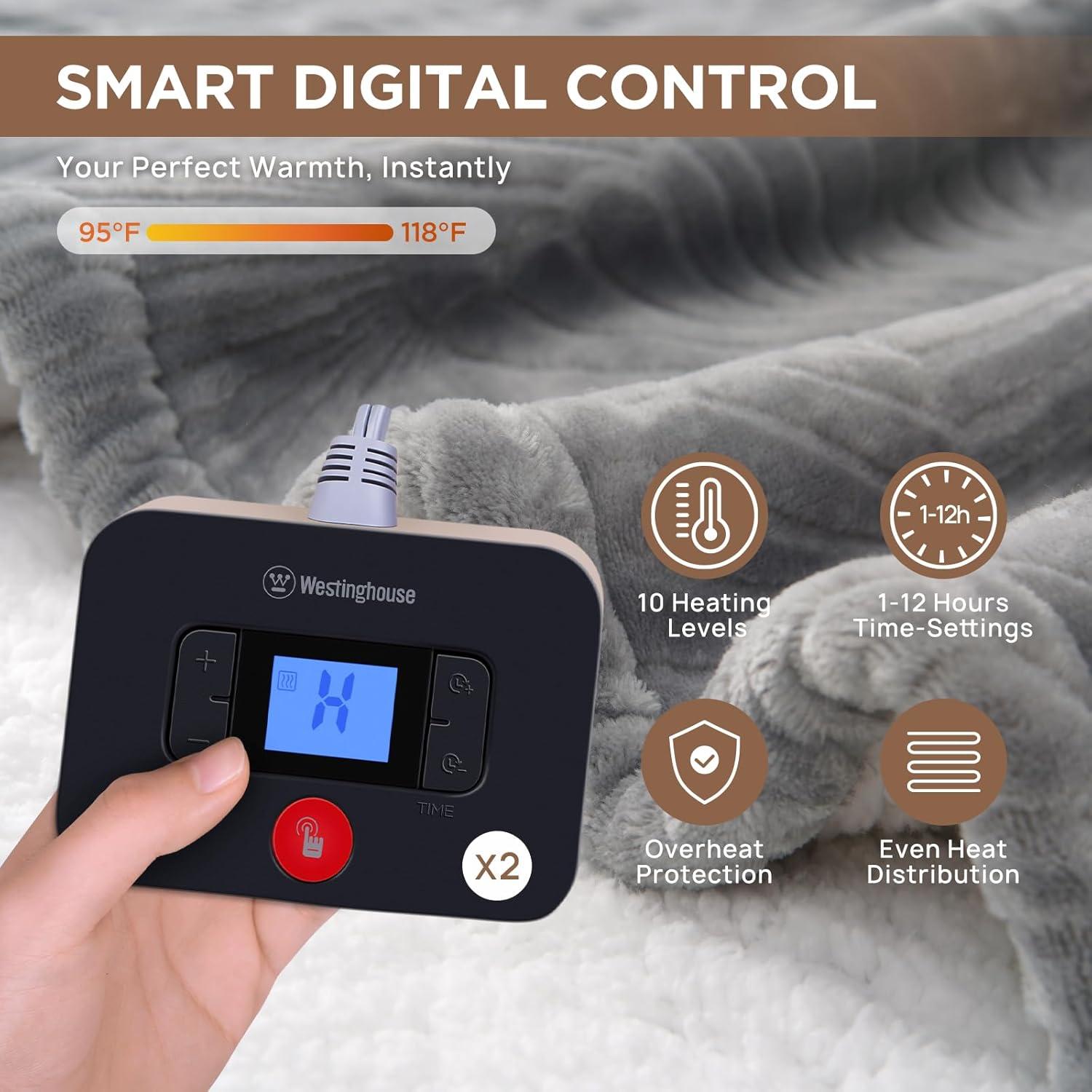 image:imageWestinghouse Electric Throw Heated Throw Blanket Soft Flannel amp Sherpa Heating Blanket with 6 Heating Levels 210 Hours AutoOff Fast Heating amp Overheat Protection Machine Washable Red 50x60 InchesLight Grey