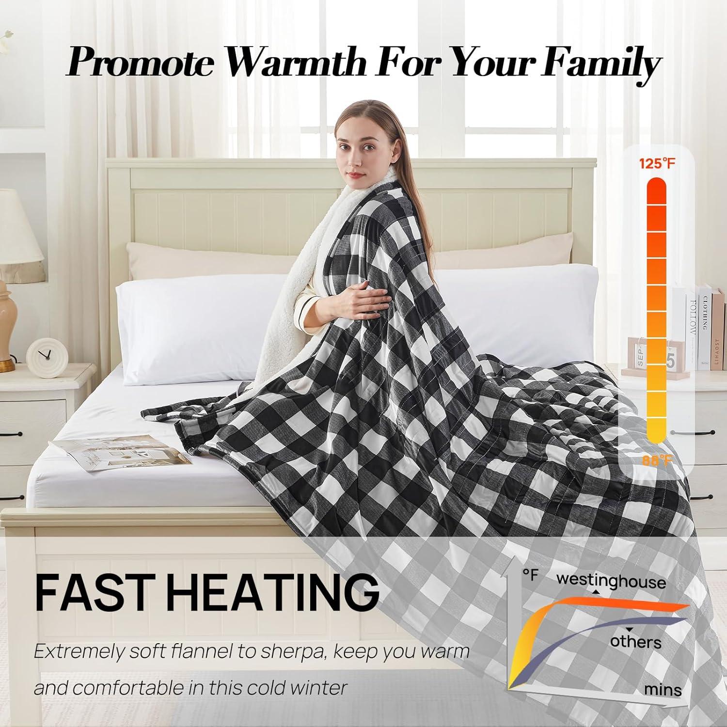 image:imageWestinghouse Electric Throw Heated Throw Blanket Soft Flannel amp Sherpa Heating Blanket with 6 Heating Levels 210 Hours AutoOff Fast Heating amp Overheat Protection Machine Washable Red 50x60 InchesBlack