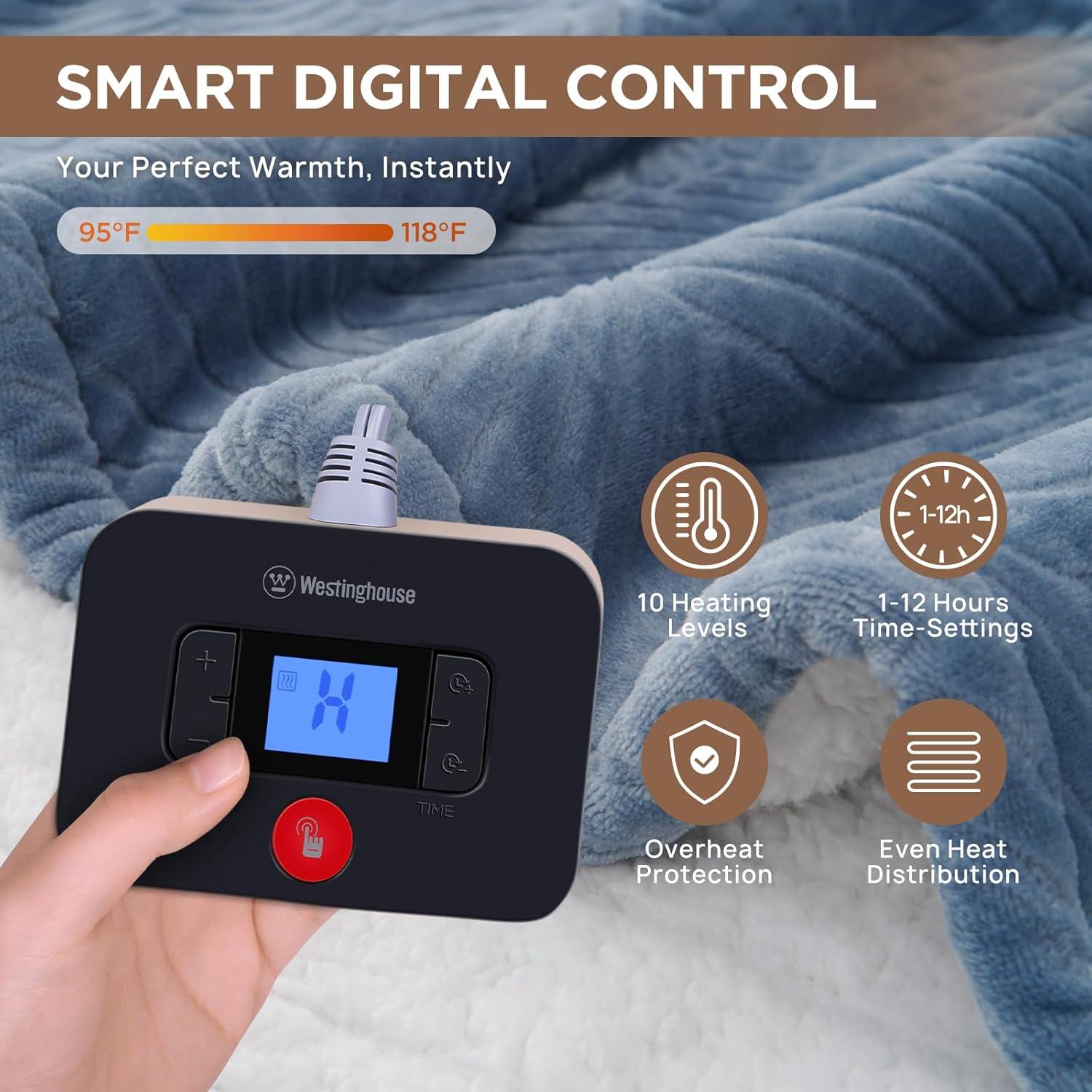 image:imageWestinghouse Electric Throw Heated Throw Blanket Soft Flannel amp Sherpa Heating Blanket with 6 Heating Levels 210 Hours AutoOff Fast Heating amp Overheat Protection Machine Washable Red 50x60 InchesBlue