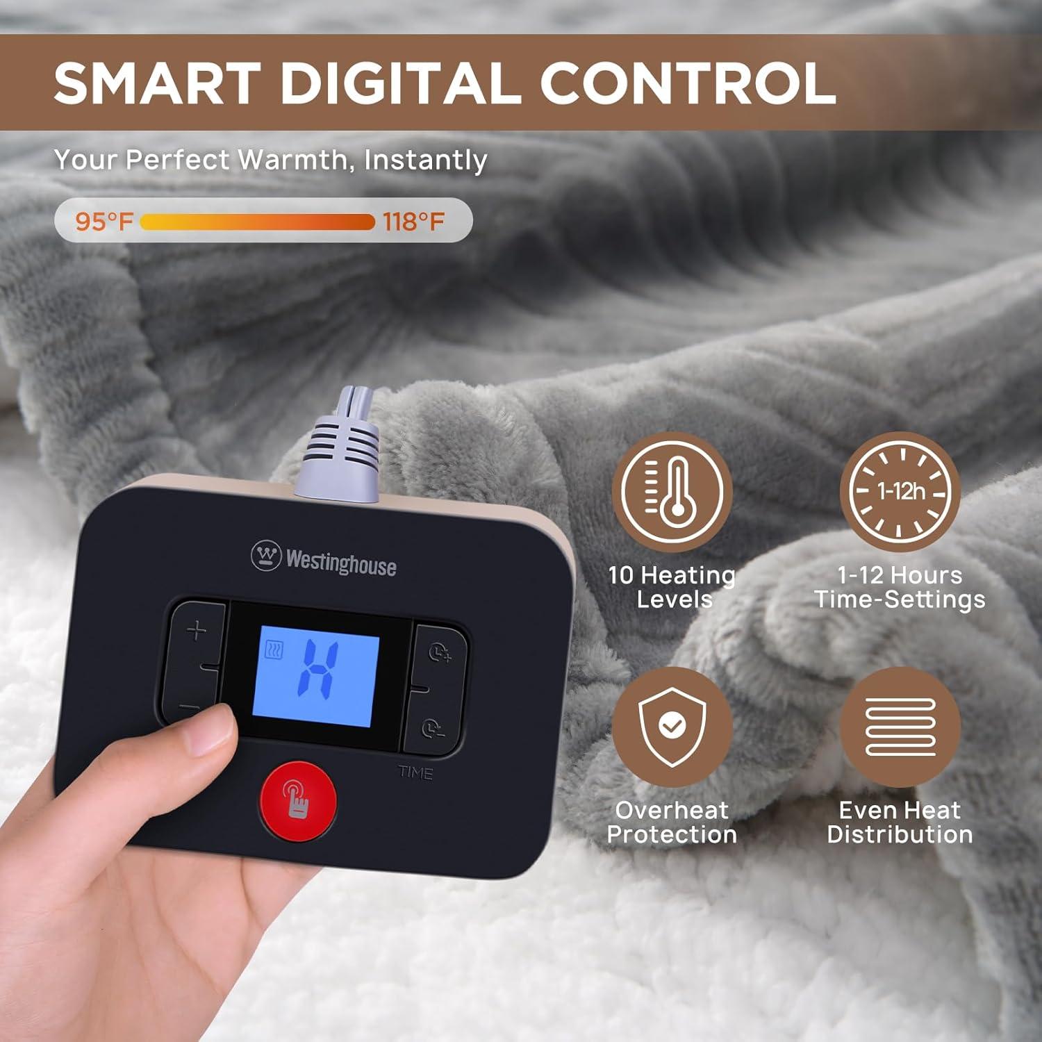 image:imageWestinghouse Electric Throw Heated Throw Blanket Soft Flannel amp Sherpa Heating Blanket with 6 Heating Levels 210 Hours AutoOff Fast Heating amp Overheat Protection Machine Washable Red 50x60 InchesLight Grey