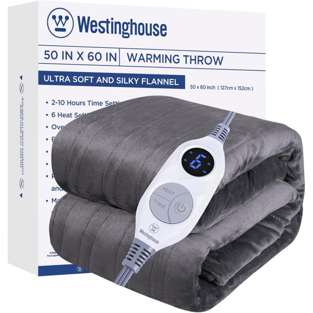 image:imageWestinghouse Electric Blanket Heated Throw Super Cozy Soft Flannel 50 x 60 Heated Throw with 6 Fast Heating Levels amp 210 AutoOff Machine Washable ETLampFCC Certification Home Office Use GreyCharcoal