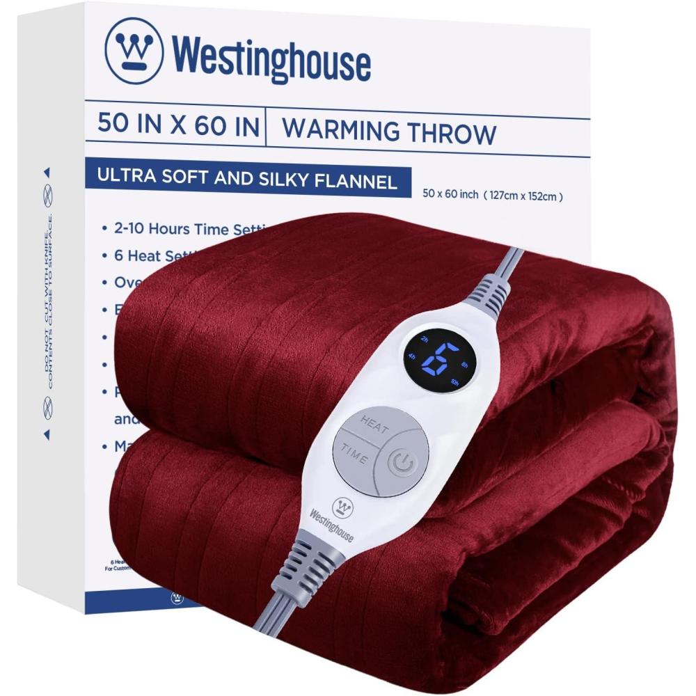 image:imageWestinghouse Electric Blanket Heated Throw Super Cozy Soft Flannel 50 x 60 Heated Throw with 6 Fast Heating Levels amp 210 AutoOff Machine Washable ETLampFCC Certification Home Office Use GreyRed