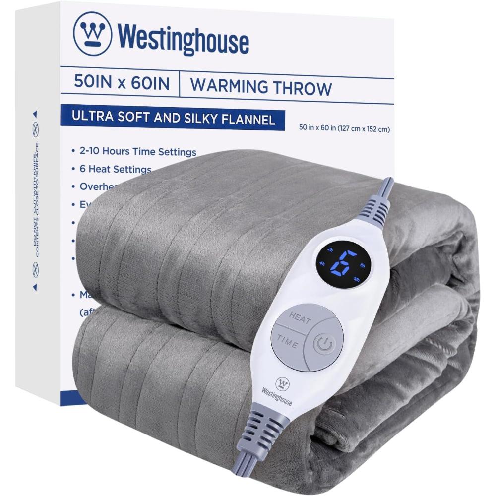 image:imageWestinghouse Electric Blanket Heated Throw Super Cozy Soft Flannel 50 x 60 Heated Throw with 6 Fast Heating Levels amp 210 AutoOff Machine Washable ETLampFCC Certification Home Office Use GreyLight Grey
