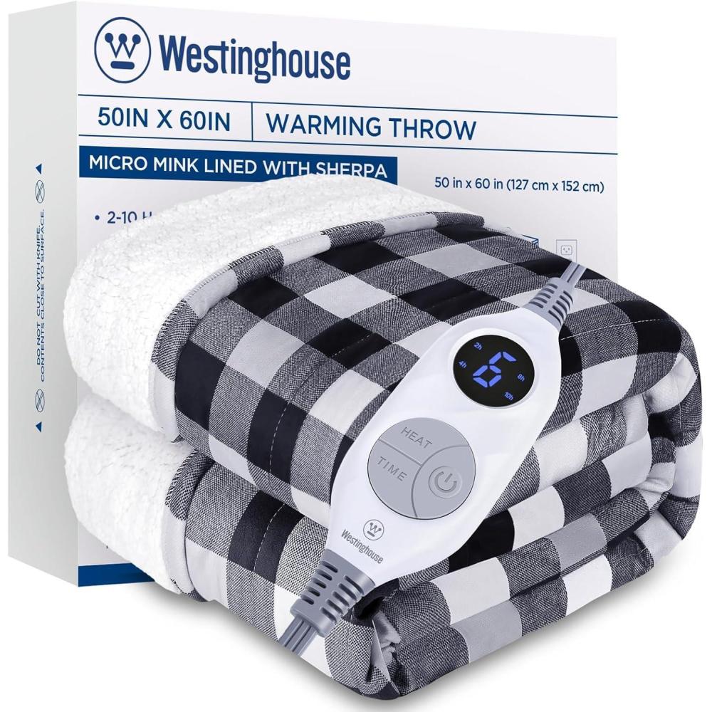 image:imageWestinghouse Electric Throw Heated Throw Blanket Soft Flannel amp Sherpa Heating Blanket with 6 Heating Levels 210 Hours AutoOff Fast Heating amp Overheat Protection Machine Washable Red 50x60 InchesBlack
