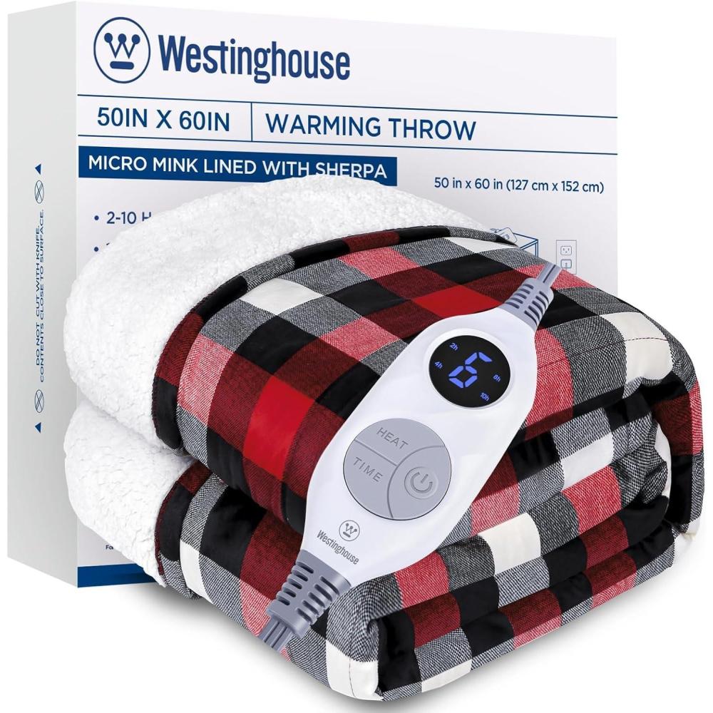 image:imageWestinghouse Electric Throw Heated Throw Blanket Soft Flannel amp Sherpa Heating Blanket with 6 Heating Levels 210 Hours AutoOff Fast Heating amp Overheat Protection Machine Washable Red 50x60 InchesRed