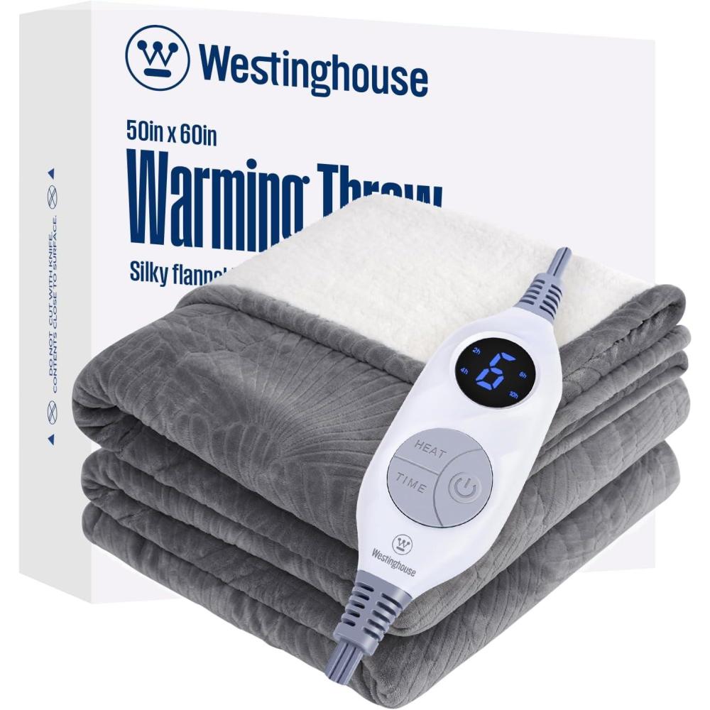 image:imageWestinghouse Electric Throw Heated Throw Blanket Soft Flannel amp Sherpa Heating Blanket with 6 Heating Levels 210 Hours AutoOff Fast Heating amp Overheat Protection Machine Washable Red 50x60 InchesLight Grey