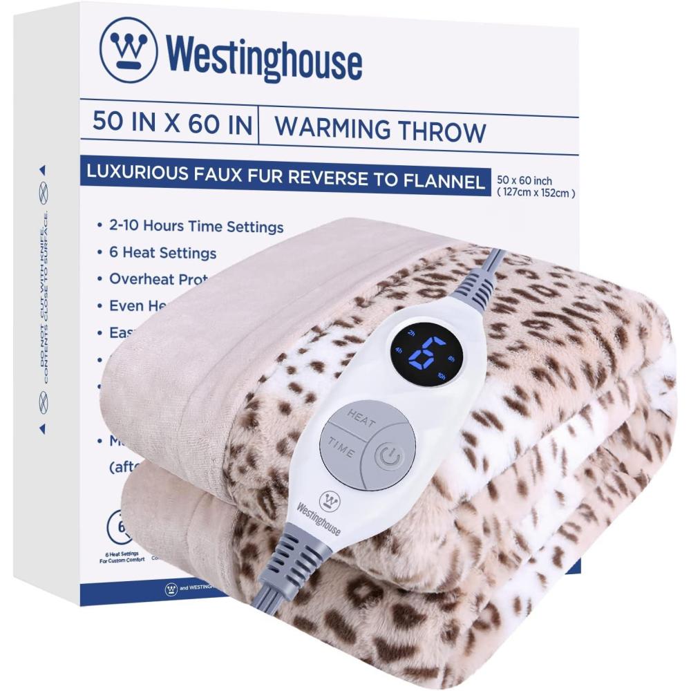 image:imageWestinghouse Heated Throw Blanket Leopard Electric Throw Blanket Luxury Faux Fur to Flannel Reversible 6 Heating Levels amp 210 Hours Time Setting Machine WashableThrow 50x60Leopard