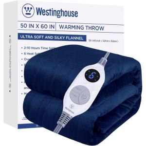 Westinghouse Electric Blanket Heated Throw, Super Cozy Soft Flannel 50″” x 60″” Heated Throw with 6 Fast Heating Levels & 2-10 Auto-Off, Machine Washable, ETL&FCC Certification, Home Office Use, Grey(Navy Blue)