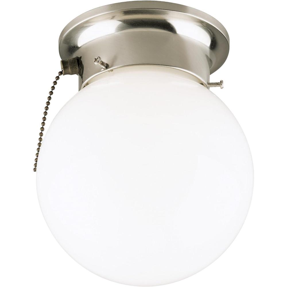 image:imageWestinghouse 6720800 OneLight FlushMount Interior Ceiling Fixture with Pull Chain Brushed Nickel Finish with White Glass GlobeNo Size
