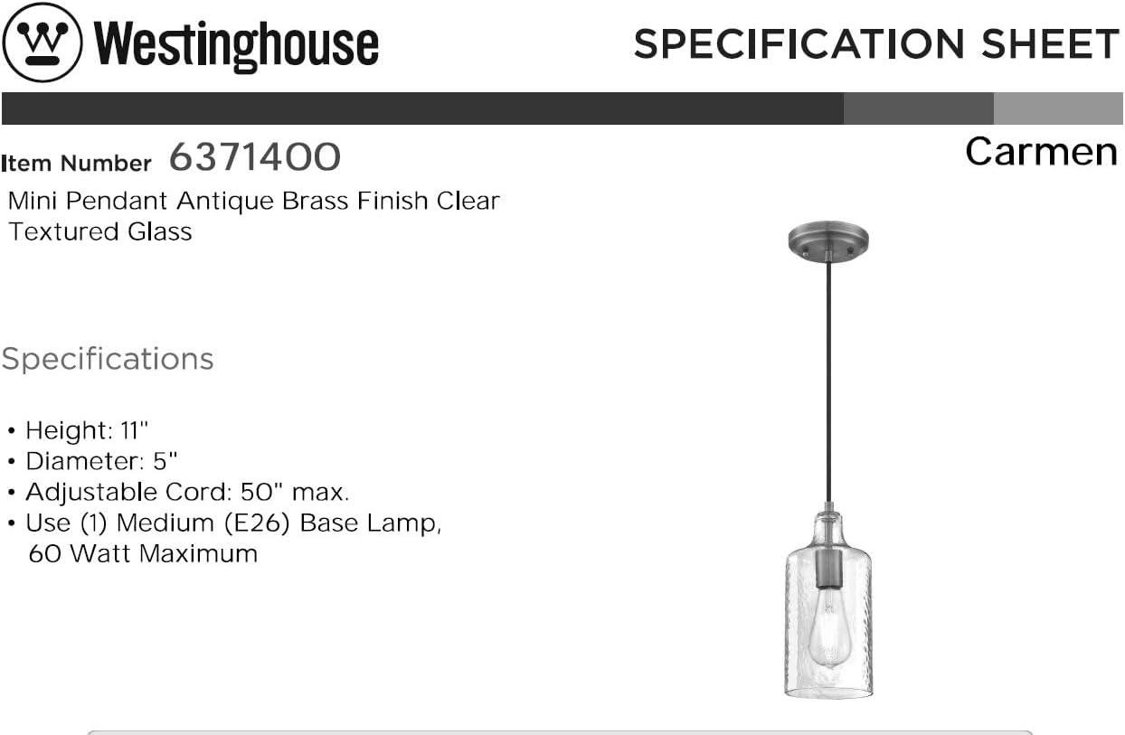 image:imageWestinghouse 6371400 Antique Brass Finish with Clear Textured Glass Carmen OneLight Indoor Mini Pendant 120 VoltsAntique Brass