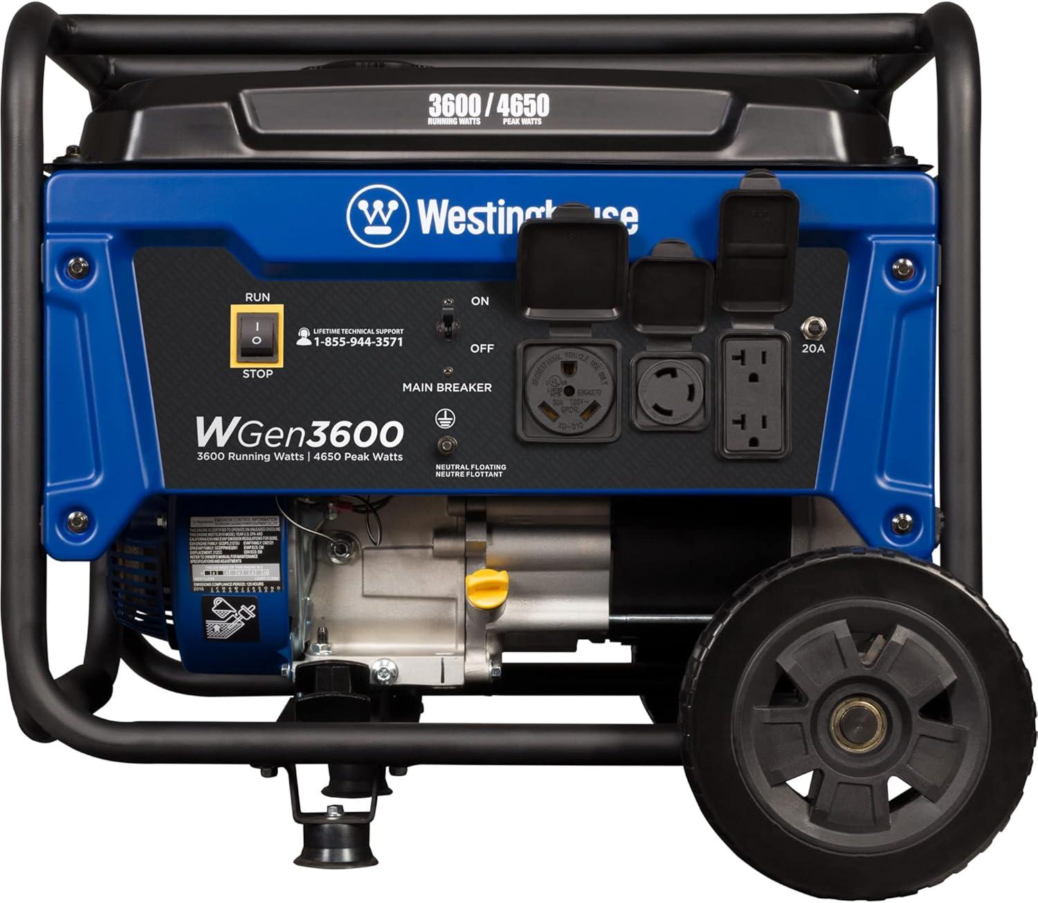 image:imageWestinghouse WGen3600 Portable Generator 4650 Peak Watts amp 3600 Rated Watts RV Ready 30A Outlet Wheel amp Handle Kit Gas Powered4650 Watts Gas Only Wheel Kit