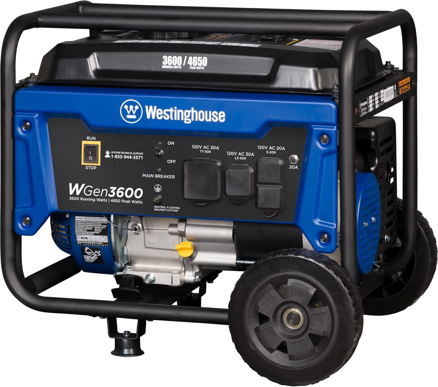 image:imageWestinghouse WGen3600 Portable Generator 4650 Peak Watts amp 3600 Rated Watts RV Ready 30A Outlet Wheel amp Handle Kit Gas Powered4650 Watts Gas Only Wheel Kit
