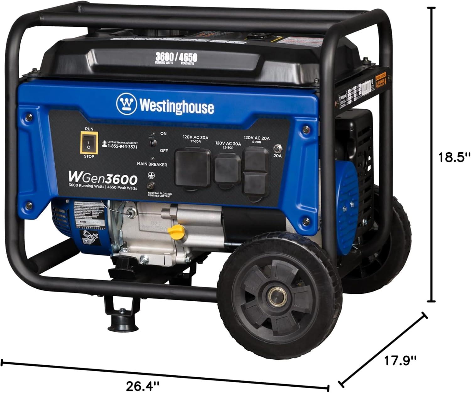 image:imageWestinghouse WGen3600 Portable Generator 4650 Peak Watts amp 3600 Rated Watts RV Ready 30A Outlet Wheel amp Handle Kit Gas Powered4650 Watts Gas Only Wheel Kit