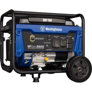 Westinghouse WGen3600 Portable Generator, 4650 Peak Watts & 3600 Rated Watts, RV Ready 30A Outlet, Wheel & Handle Kit, Gas Powered(4650 Watts – Gas Only – Wheel Kit)