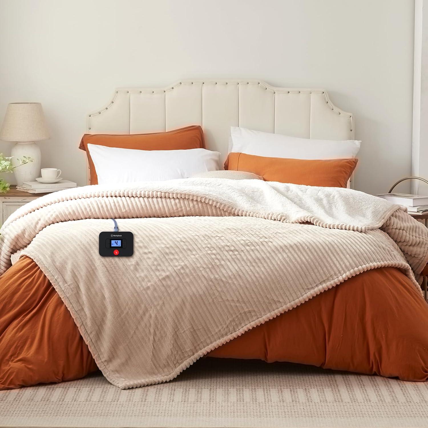 image:imageWestinghouse Electric Blanket Twin Soft Ribbed Flannel to Sherpa Heated Blanket with 10 Heating Levels amp 112 Hours Auto Shut Off Fast Heating amp Machine Washable 62x84 Inch Light GreyBeige