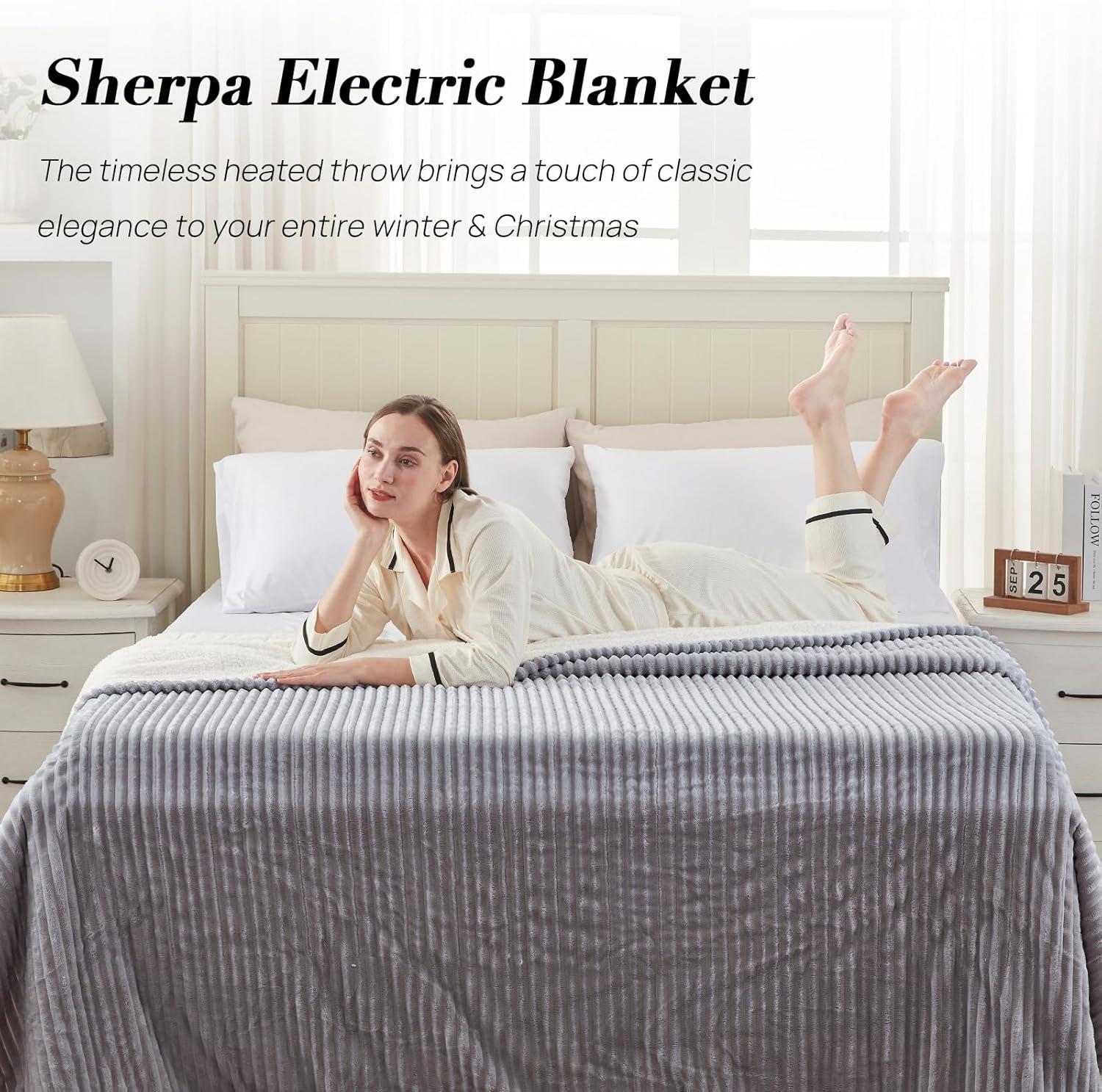 image:imageWestinghouse Electric Blanket Twin Soft Ribbed Flannel to Sherpa Heated Blanket with 10 Heating Levels amp 112 Hours Auto Shut Off Fast Heating amp Machine Washable 62x84 Inch Light GreyLight Grey