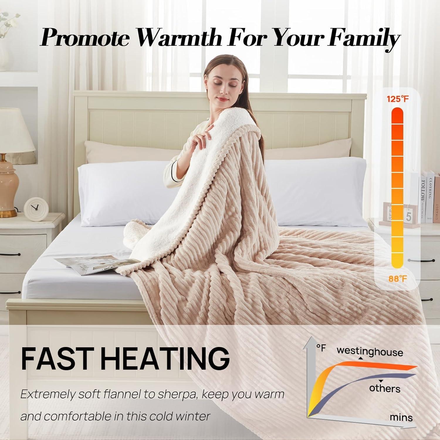 image:imageWestinghouse Electric Blanket Twin Soft Ribbed Flannel to Sherpa Heated Blanket with 10 Heating Levels amp 112 Hours Auto Shut Off Fast Heating amp Machine Washable 62x84 Inch Light GreyBeige