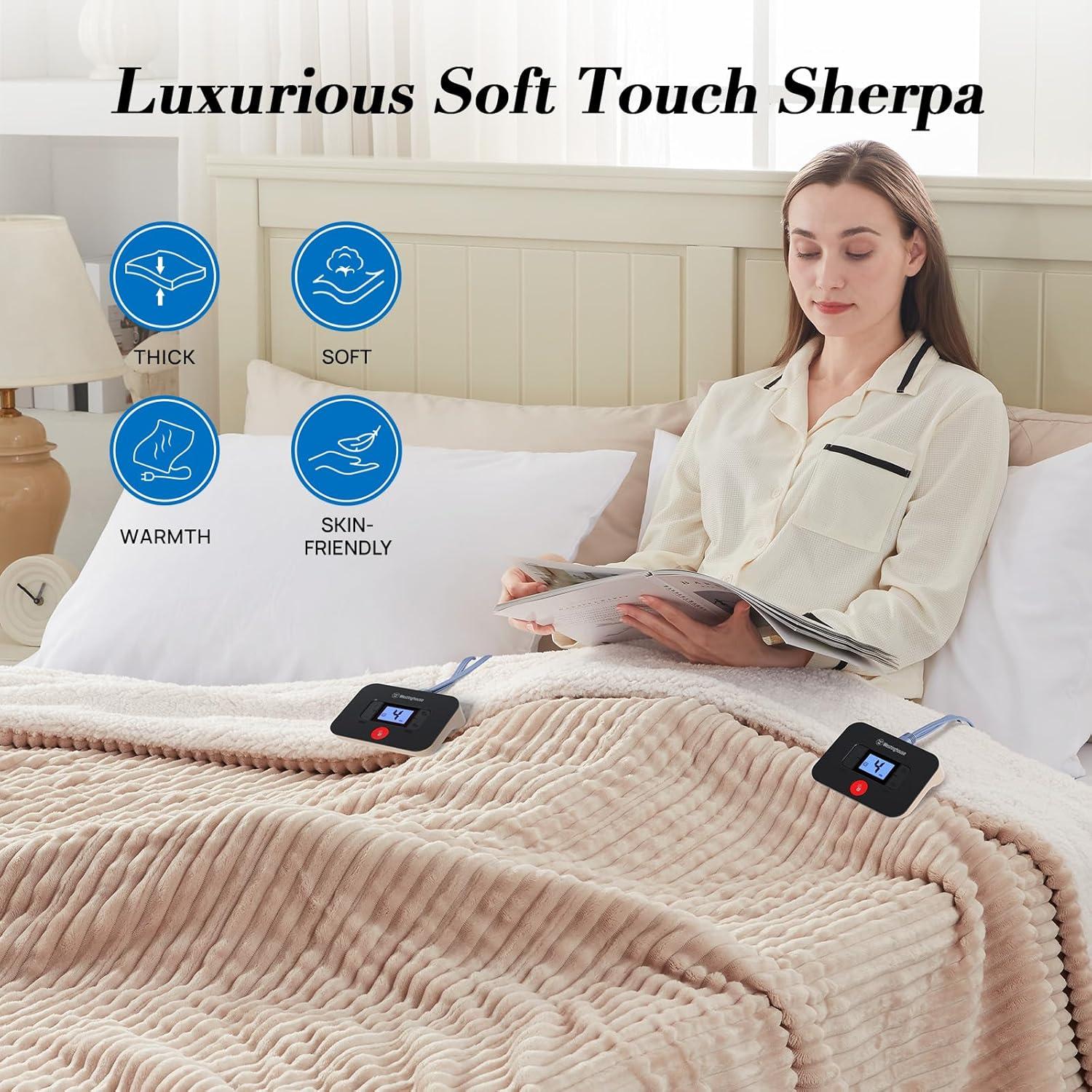 image:imageWestinghouse Electric Blanket Twin Soft Ribbed Flannel to Sherpa Heated Blanket with 10 Heating Levels amp 112 Hours Auto Shut Off Fast Heating amp Machine Washable 62x84 Inch Light GreyBeige