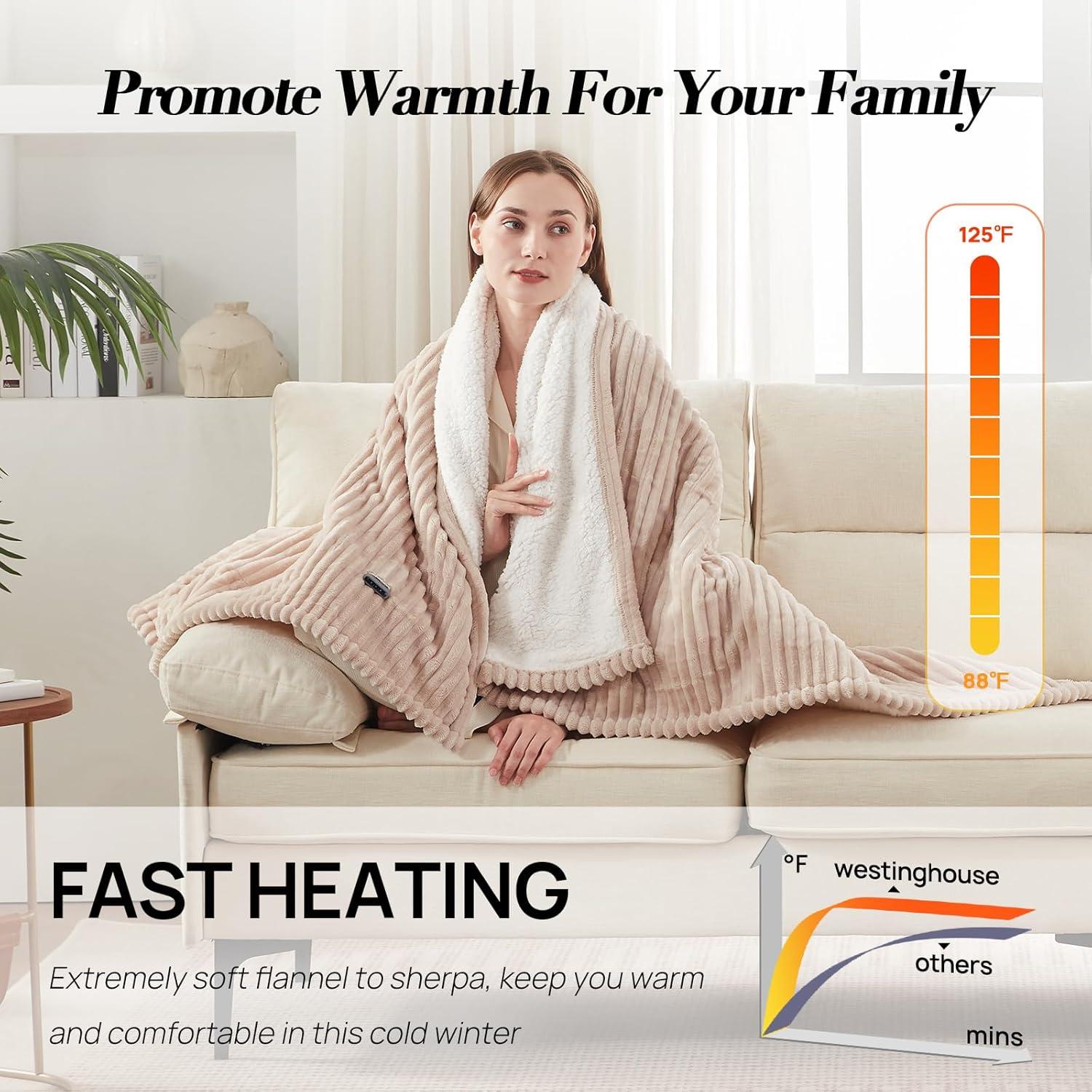image:imageWestinghouse Electric Blanket Twin Soft Ribbed Flannel to Sherpa Heated Blanket with 10 Heating Levels amp 112 Hours Auto Shut Off Fast Heating amp Machine Washable 62x84 Inch Light GreyBeige