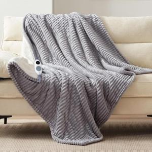 Westinghouse Electric Blanket Twin, Soft Ribbed Flannel to Sherpa Heated Blanket with 10 Heating Levels & 1-12 Hours Auto Shut Off, Fast Heating & Machine Washable, 62×84 Inch, Light Grey(Light Grey)