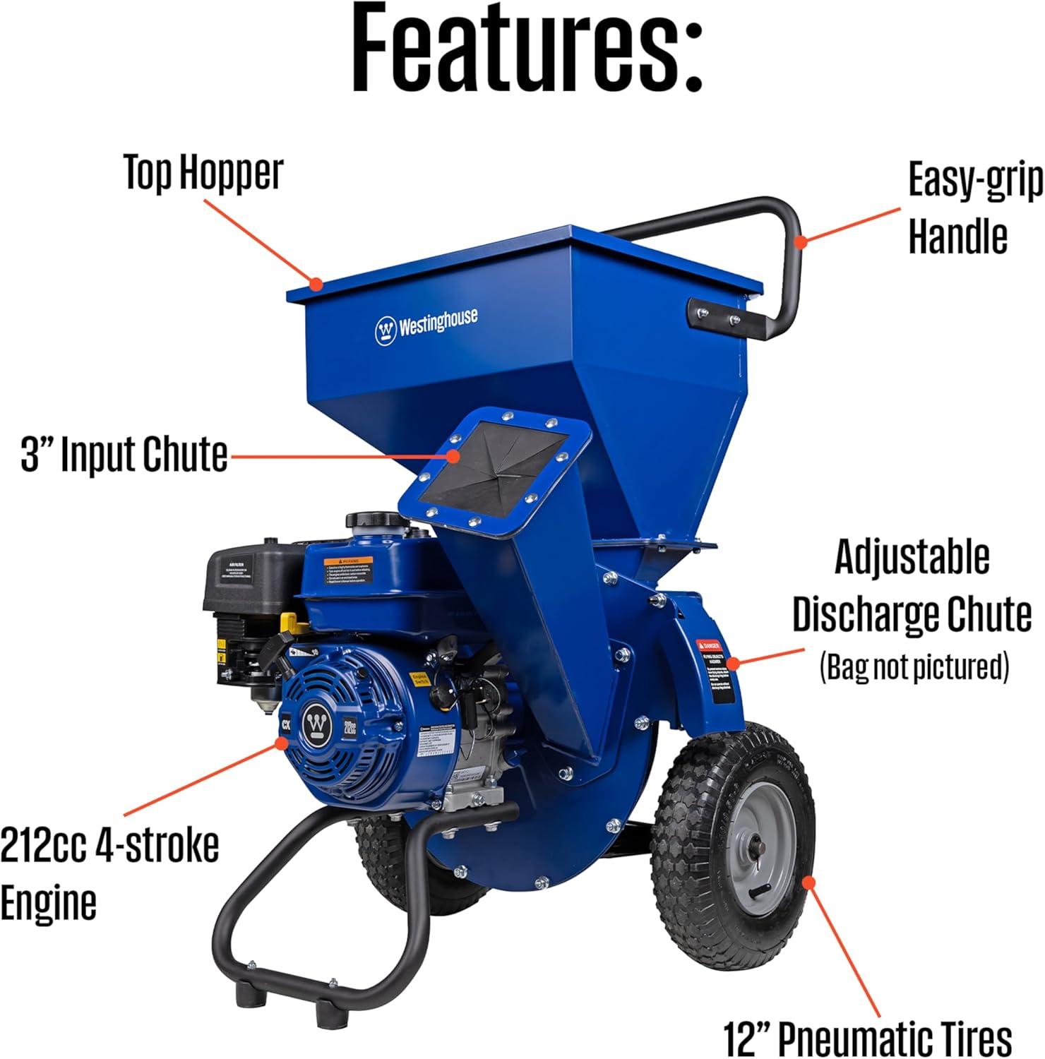 image:imageWestinghouse Heavy Duty Gas Powered 3Inch Wood Chipper Mulcher Shredder 3in1 with 246 Gallon Collection Bag for BranchesTwigsLeaves