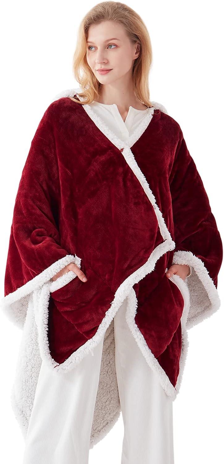 image:imageWestinghouse Wearable Heated Throw Blanket Electric Heated Wrap Poncho Shawl with Pockets 6 Heating Levels amp 2 to 10 Hours Time Settings 50 x 60 Inch Beige GreyChristmas Red