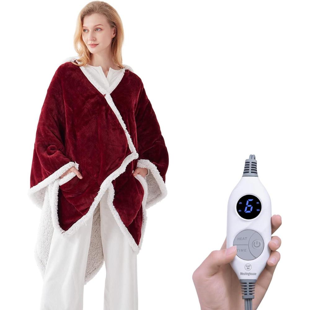 image:imageWestinghouse Wearable Heated Throw Blanket Electric Heated Wrap Poncho Shawl with Pockets 6 Heating Levels amp 2 to 10 Hours Time Settings 50 x 60 Inch Beige GreyChristmas Red