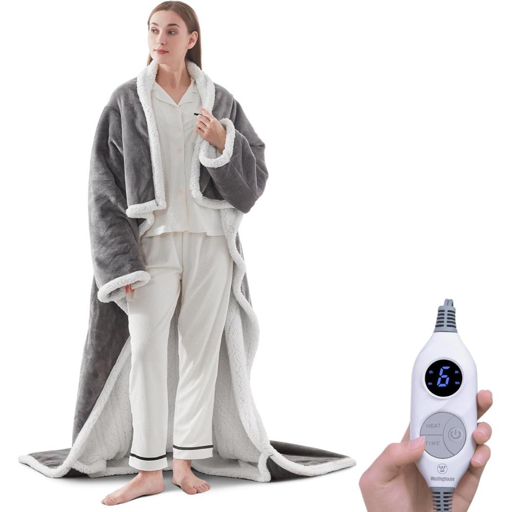 image:imageWestinghouse Wearable Heated Throw Blanket Electric Heated Wrap Poncho Shawl with Pockets 6 Heating Levels amp 2 to 10 Hours Time Settings 50 x 60 Inch Beige GreyLight Greyivory