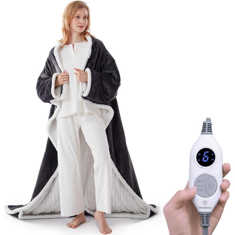 image:imageWestinghouse Wearable Heated Throw Blanket Electric Heated Wrap Poncho Shawl with Pockets 6 Heating Levels amp 2 to 10 Hours Time Settings 50 x 60 Inch Beige GreyGreyivory