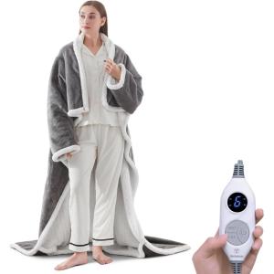 Westinghouse Wearable Heated Throw Blanket, Electric Heated Wrap Poncho Shawl with Pockets, 6 Heating Levels & 2 to 10 Hours Time Settings, 50 x 60 Inch, Beige, Grey(Light Grey&ivory)