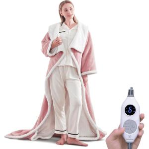 Westinghouse Wearable Heated Throw Blanket, Electric Heated Wrap Poncho Shawl with Pockets, 6 Heating Levels & 2 to 10 Hours Time Settings, 50 x 60 Inch, Beige, Grey(Pink&ivory)
