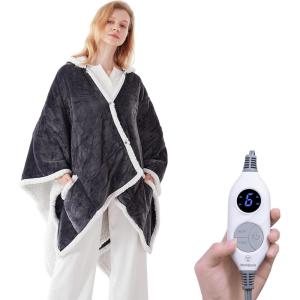 Westinghouse Wearable Heated Throw Blanket, Electric Heated Wrap Poncho Shawl with Pockets, 6 Heating Levels & 2 to 10 Hours Time Settings, 50 x 60 Inch, Beige, Grey(Grey)