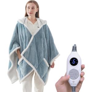 Westinghouse Wearable Heated Throw Blanket, Electric Heated Wrap Poncho Shawl with Pockets, 6 Heating Levels & 2 to 10 Hours Time Settings, 50 x 60 Inch, Beige, Grey(Light Blue)